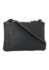 Black leather crossbody bag with a textured surface, zippered closure, and adjustable strap. Minimalist design with clean lines.