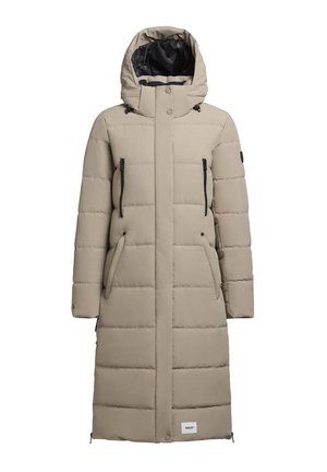 Bež zimski kaput s kapuljačom, s patentnim zatvaračem sprijeda, dva bočna džepa i unutarnjom crnom podlogom. Ima logotip pri rubu.
