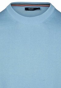 Light blue knit sweater featuring a ribbed crew neckline and a subtle texture; detail of red, white, and black stripes inside the collar.