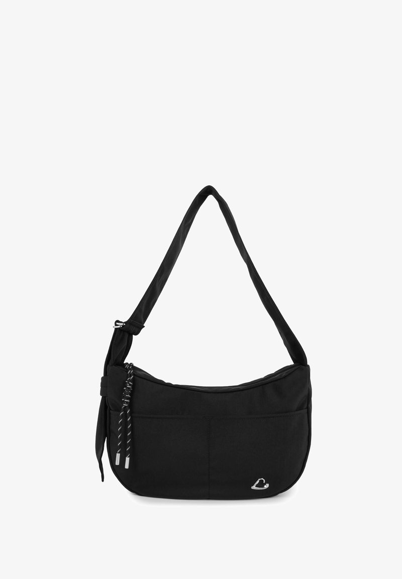 Sac d'épaule noir avec bandoulière réglable, poches avant, cordon décoratif et petit emblème en forme de cœur argenté en bas à droite.