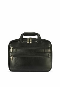 Czarna skórzana teczka o usztywnionym kształcie, z dwoma zewnętrznymi kieszeniami na zamki i górnym uchwytem. Wyposażona w srebrne elementy metalowe.