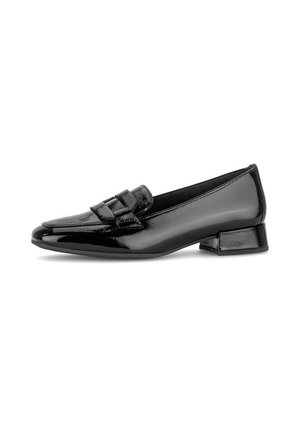 Black patent leather loafer with low block heel and decorative strap across the vamp, viewed from the side on a white background.