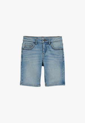 Svetlo modri denim kratke hlače z ravnim krojem, zasnovo s petimi žepi in kontrastnim šivom, opremljene z gumbno zapenjanjem v pasu.