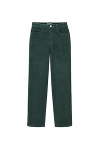 Pantalon en velours côtelé vert avec une coupe droite, doté de poches avant et d'une fermeture à bouton. Texture lisse avec des détails en côtes.