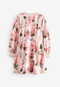 Robe rose à manches longues pour filles avec manches à volants et imprimé de feuilles vertes et de fleurs roses, présentée à plat sur fond blanc.