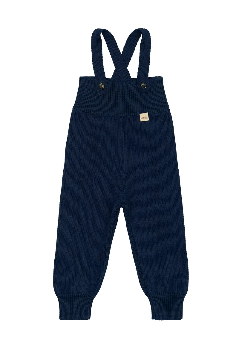 Gestrickte marineblaue Latzhose mit verstellbaren Kreuzträgern und zwei Knöpfen an der Taille. Beinhaltet ein kleines Etikett auf der Vorderseite.