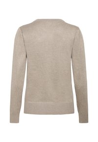 Pull en maille beige avec manches longues, col rond, poignets et ourlet côtelés. Texture lisse avec un design minimaliste.