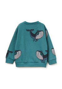 Sudadera color verde azulado con gráficos de ballenas en azul y blanco; cuello y puños de canalé; textura de tela suave; diseño tipo pullover.