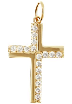 Goldkreuzanhänger mit diamantähnlichen Akzenten entlang der vertikalen und horizontalen Arme; verfügt über eine kreisförmige Öse zur Befestigung.