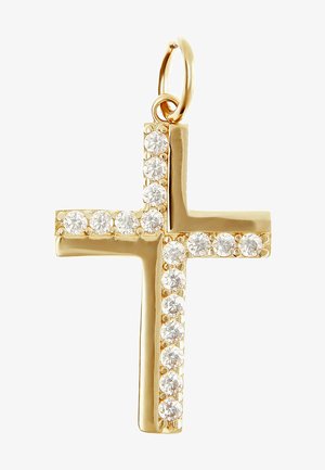 Goldkreuzanhänger mit diamantähnlichen Akzenten entlang der vertikalen und horizontalen Arme; verfügt über eine kreisförmige Öse zur Befestigung.