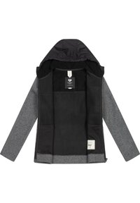 Grey jacket with a black interior and hood. Features a smooth outer texture, contrasting materials, and a label near the hem.