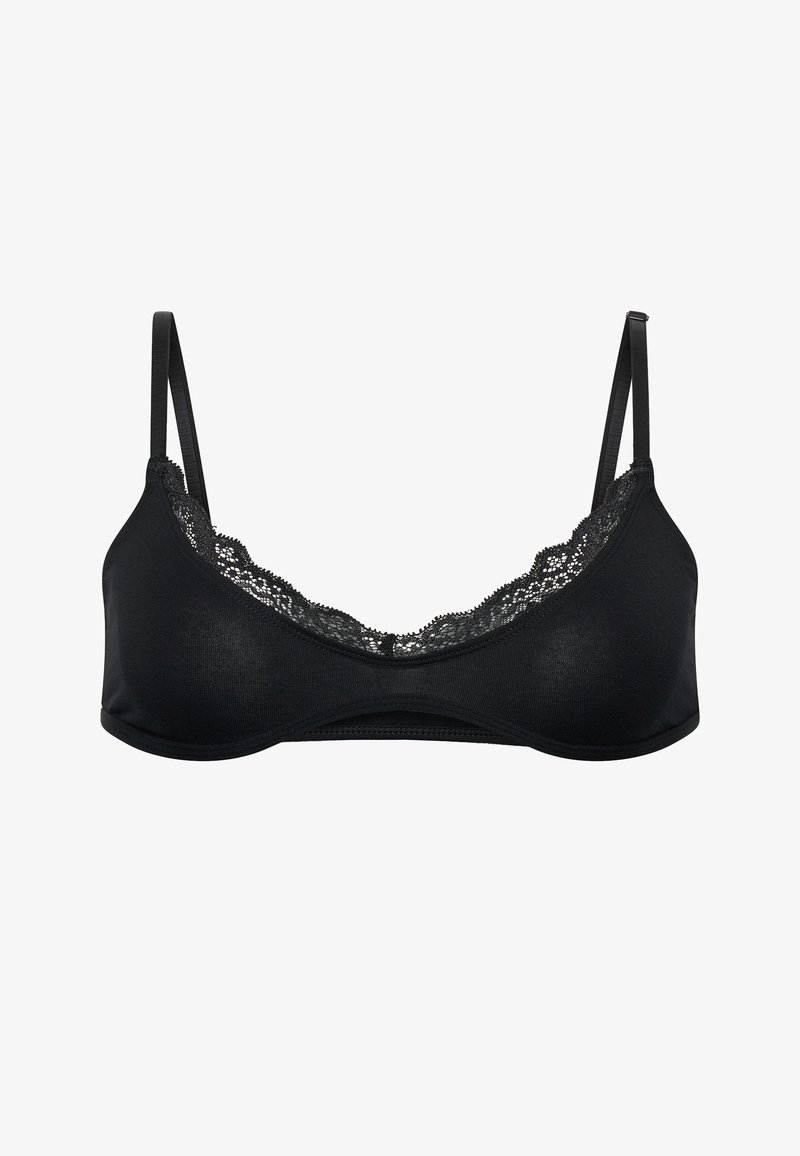 Soutien-gorge noir avec fines bretelles ajustables et bordure en dentelle le long du bord supérieur des bonnets, présenté sur fond blanc.
