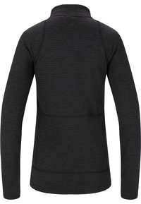 Zwarte pullover met lange mouwen en een hoge kraag, gemaakt van gestructureerde stof. Heeft platte naden en een aansluitende pasvorm. Achteraanzicht weergegeven.