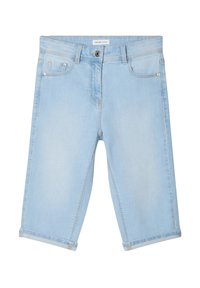 Shorts en denim bleu clair à coupe droite, avec des revers, des poches avant et une fermeture à bouton décoratif. Texture lisse avec des zones décolorées.
