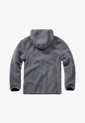 Grauer Fleece-Hoodie mit einer strukturierten, flauschigen Oberfläche, Kapuze und langen Ärmeln. Verfügt über ein weiches Innenfutter und Bündchen. Keine sichtbaren Hardware-Details.