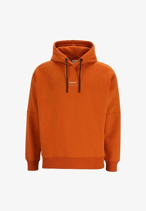 Oranžs kapucehoodijs, kas izgatavots no mīksta materiāla, ar saites kapuci, platām piedurknēm un ribinātām aprocēm. Priekša rotāta ar mazu logotipu.