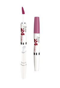Produit pour les lèvres Maybelline Super Stay 24 Color avec un applicateur blanc avec une pointe rose, un corps blanc et un capuchon rose ; comprend un design à double extrémité.