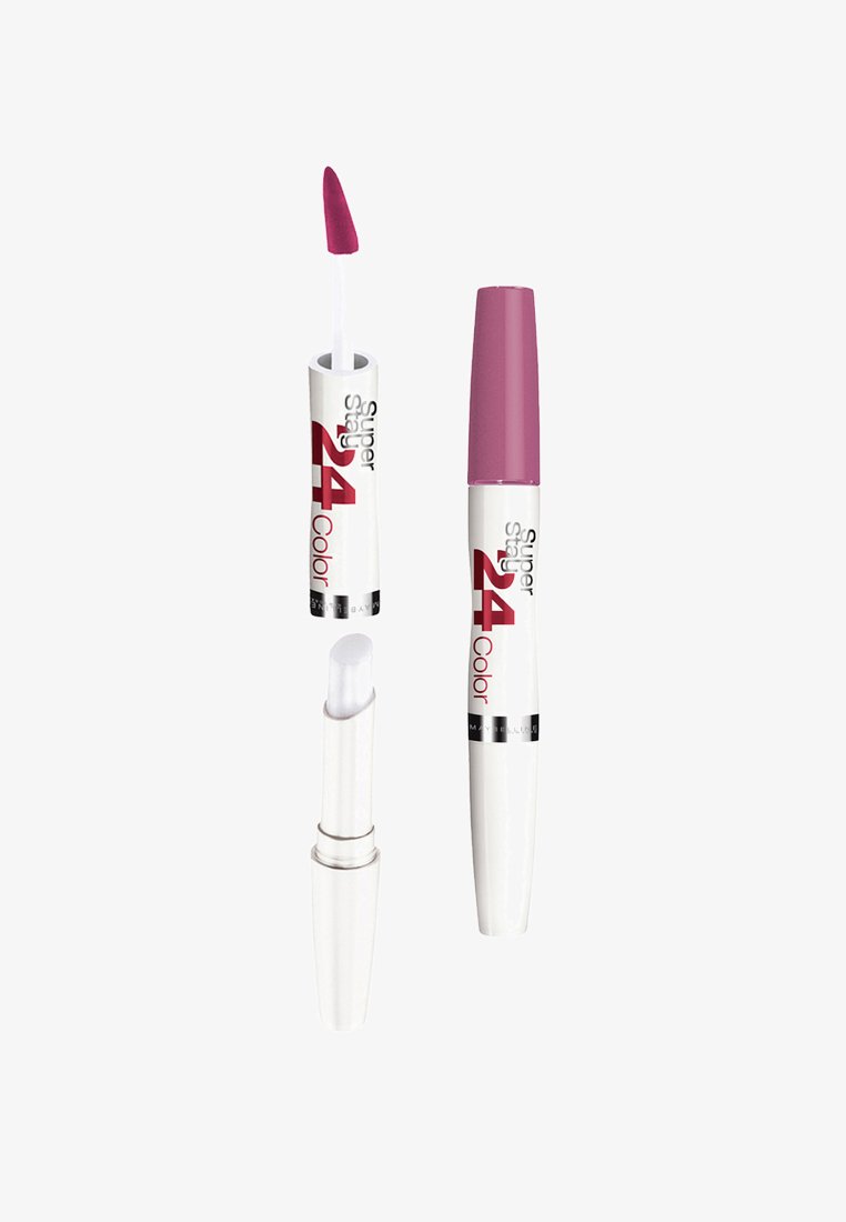 Produkt do ust Maybelline Super Stay 24 Color z białym aplikatorem z różowym końcem, białą obudową i różową nakrętką; posiada konstrukcję z końcem obu stron.