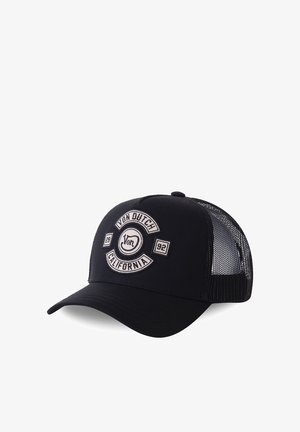 Black cap with a rounded brim featuring a mesh back. Embroidered logo in cream, circular design with the text "VON DUTCH CALIFORNIA."