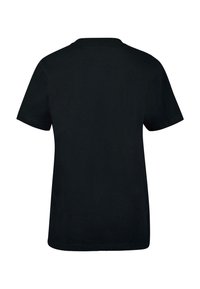 Sort bomulds T-shirt, korte ærmer, rund halsudskæring, lige snit, glat tekstur, ingen synlige grafikker eller mønstre på ryggen.