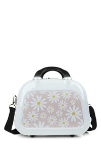 Bolso blanco con un acabado brillante, que presenta un patrón de flores con centros amarillos sobre un fondo rosa claro, asa negra y correa desmontable.