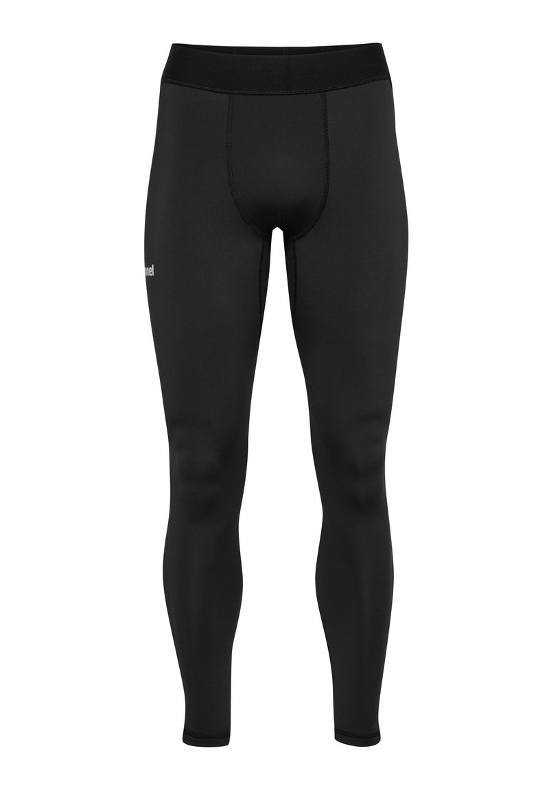 Schwarze sportliche Leggings aus dehnbarem Stoff mit glatter Textur, elastischem Bund und Logo-Print an der Seite.
