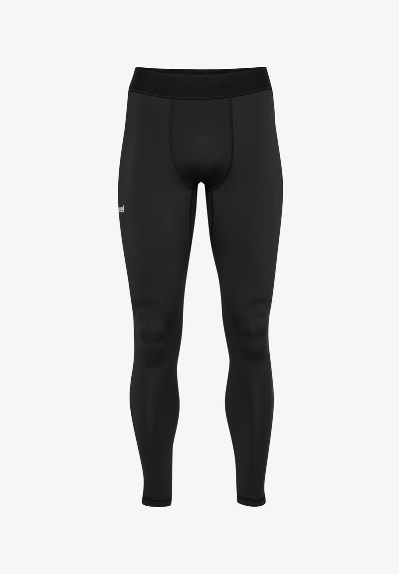 Black athletic leggings made from stretchy fabric, featuring a smooth texture, elastic waistband, and logo print on the side.