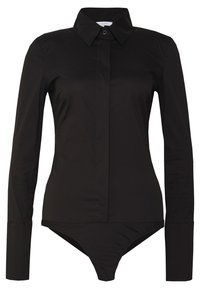Black long-sleeve bodysuit with a fitted design, collared neckline, front button closure, and smooth texture.