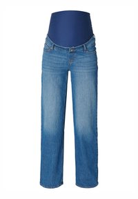 Blå denim-graviditetsjeans med en slät midjeband i marinblått tyg, rak bendesign och subtila blekningsdetaljer på benen.