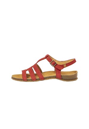 Red leather flat sandal with three front straps, ankle strap with buckle, and tan cushioned sole.
