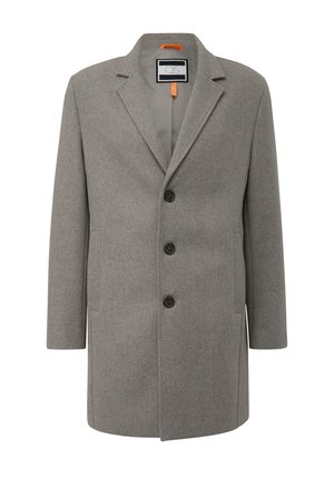 Cappotto grigio in misto lana con colletto a disegno, tre bottoni e tasche laterali. Presenta un'imbottitura interna liscia e un gancio arancione a contrasto.