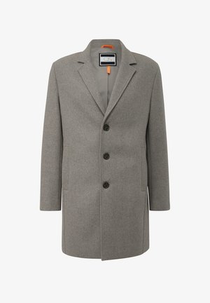 Harmaa villasekoite takki, jossa on lovettu kaulus, kolme nappia ja sivutaskut. Tässä takissa on sileä sisävuori ja erottuva oranssi ripustuslenkki.