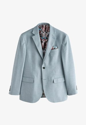 Svijetloplavi sako od teksturiranog materijala, s podstavom i džepnom maramicom s cvjetnim uzorkom, s dva prednja džepa i zatvaranjem na dugme.