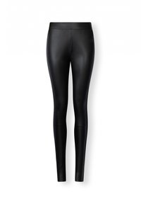 Leggings neri in finta pelle con una vita alta e una texture liscia e lucida. Design aderente senza cuciture o accenti visibili.