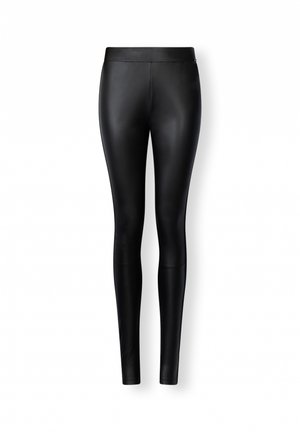 Zwarte nepleer legging met een hoge tailleband en een gladde, glanzende textuur. Strakke pasvorm zonder zichtbare naden of accenten.