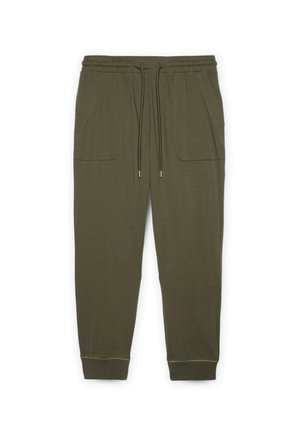 Pantaloni jogger verde măslin, confecționați dintr-un material moale, având talie elastică cu șnur, două buzunare frontale și manșete din țesătură răsucită.
