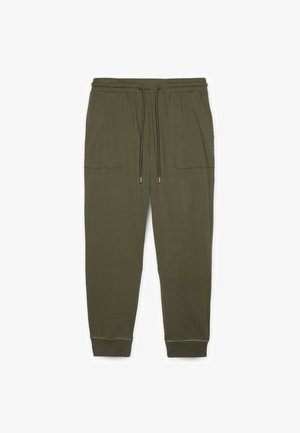 Pantaloni jogger verde oliva realizzati in tessuto morbido, con vita elastica e cordino, due tasche frontali e polsini a coste.