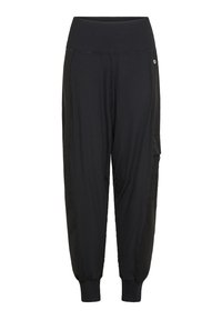Zwarte joggings met ribbeltextuur, elastische tailleband, zijzakken en taps toelopende boorden. Gemaakt van een lichtgewicht, rekbaar materiaal.
