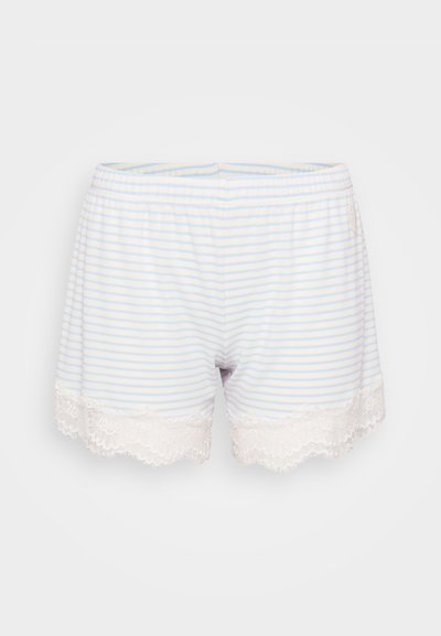 Striped cotton shorts in light blue and white, featuring a delicate white lace trim at the hem. Elastic waistband for comfort.