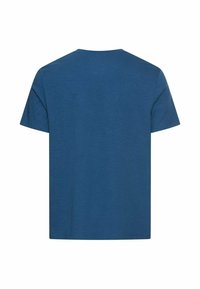 Effen blauw T-shirt met korte mouwen, gezien van de achterkant, met een ronde hals en een effen, gladde stoftextuur.