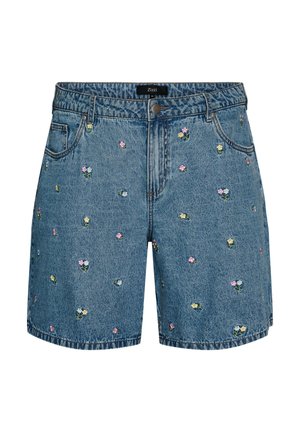 Shorts de mezclilla azul con pequeñas flores bordadas en rosa, amarillo y blanco dispersas por toda la prenda, con bolsillos delanteros y cierre de botón.