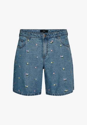 Blauwe denimshorts met kleine geborduurde roze, gele en witte bloemen verspreid, voorzien van voorkantzakken en een knoopsluiting.