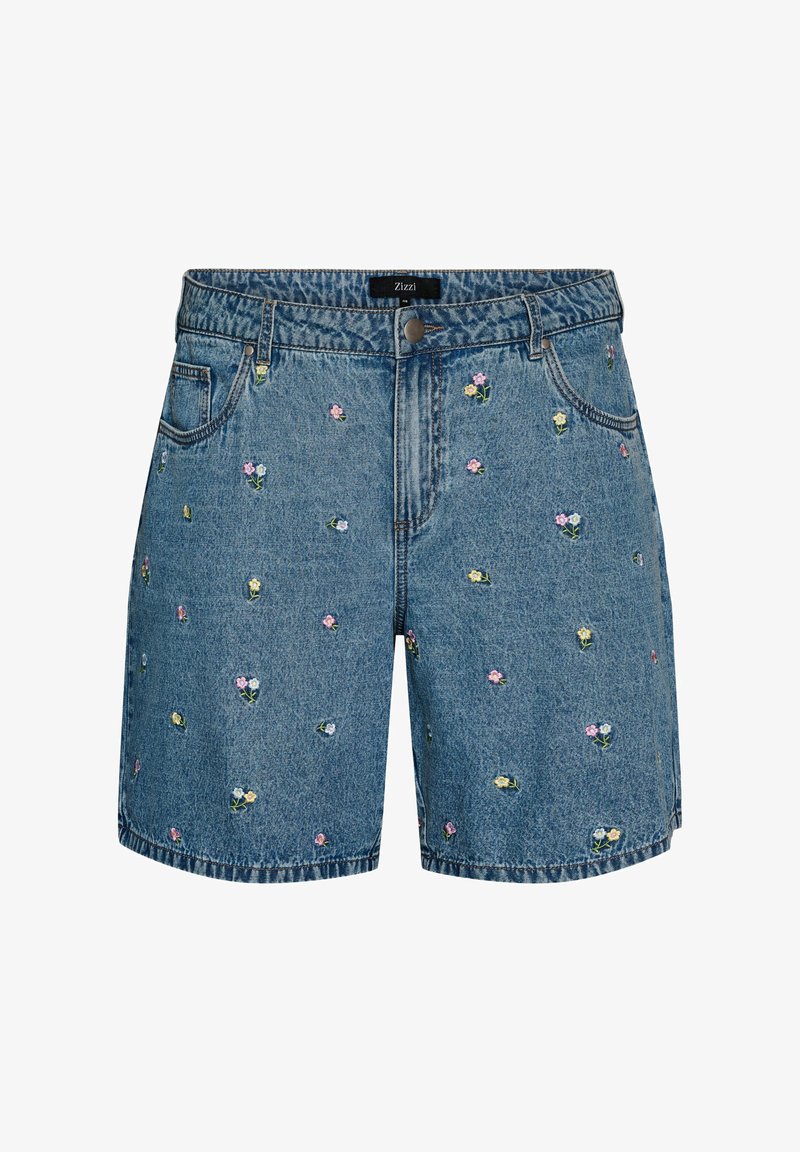 Shorts de mezclilla azul con pequeñas flores bordadas en rosa, amarillo y blanco dispersas por toda la prenda, con bolsillos delanteros y cierre de botón.