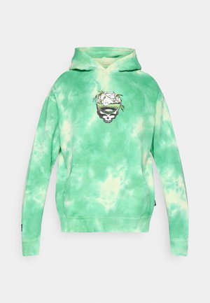 Zielona bluza z kapturem w stylu tie-dye, z przednią kieszenią kangurką, ściągaczami na rękawach oraz haftowanym wzorem czaszki z roślinami. Miękka, teksturowana tkanina.