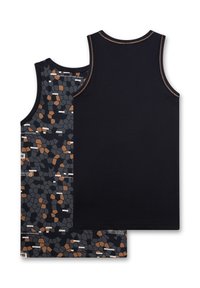 Reversible tank top featuring a colorful geometric pattern in black, gray, and brown on one side, solid black on the other, with contrast stitching.