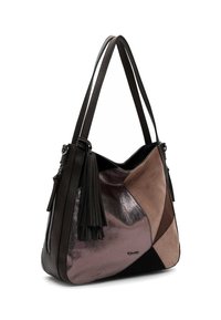 Sac à main en cuir patchwork marron et noir avec des textures brillantes et mates, doté de longues franges et d'une poche zippée sur le côté.