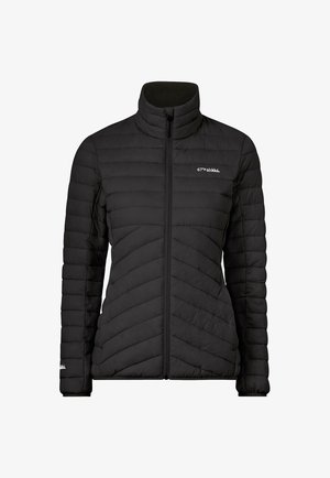 Sort pufferjakke med høj krave, der har chevron-quilting, frontlynlås og et lille logo på venstre bryst.