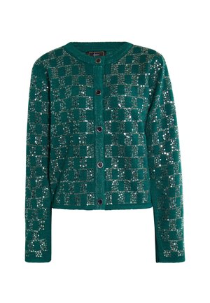 Teal kardigan, millel on ruuduline disain ja sädelevad detailid, ümmargune kaelus ja mustad nupud. Kootud kangas, millel on pehme tekstuur.