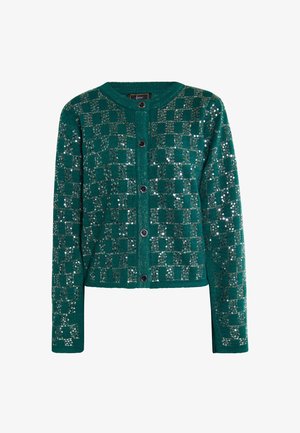 Teal cardigan with a checkered design featuring sequins, round neck, and black buttons. Knitted fabric with a soft texture.