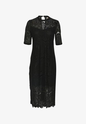 Black lace dress with short sleeves, a rounded neckline, intricate floral patterns, and a scalloped hem. Sheer fabric adds texture.
